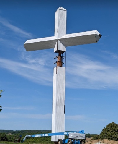 A cross measuring 108-feet tall that is under construction on the property of Hilltop Baptist Church of Indiana, Pennsylvania. Photo taken circa May 2023. 