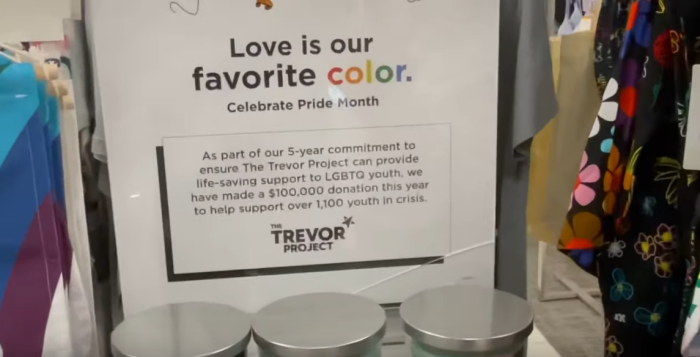 A screenshot of a YouTube video showing a pride display at a Target store.
