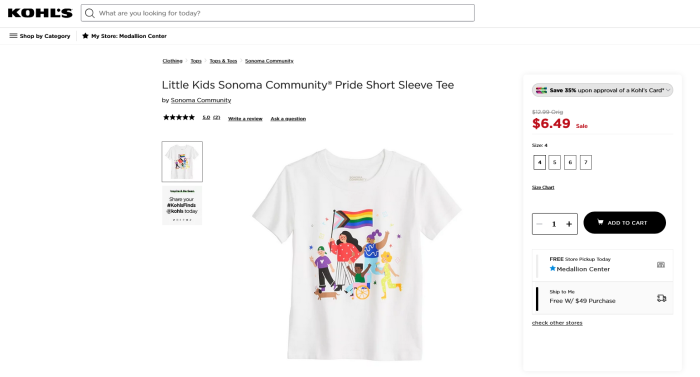 A screenshot of the Kohl's website showing a 'little kids' pride T-shirt. 