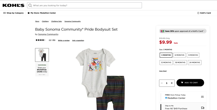 An infant bodysuit with a transgender flag displayed on the front is among several items for sale on the Kohl's website.