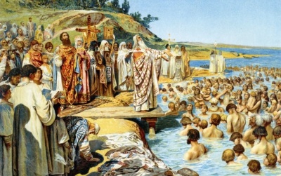 A circa 1900 depiction of the 988 mass baptism of the Kievan Rus, ordered by Prince Vladimir of Kiev. 
