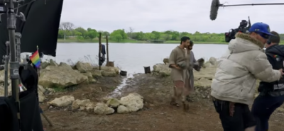 An LGBT pride flag appears on a production camera as filming for the fourth season of 'The Chosen' takes place. 