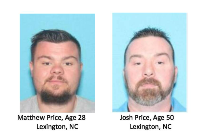 Pastor Josh Price (R) and his son Matthew (L) in their booking photos.