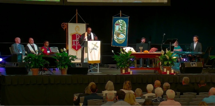 Bishop Leonard Fairley of the Kentucky Conference of The United Methodist Church preaches a sermon at the annual conference gathering held at Owensboro, Kentucky in June 2023. 