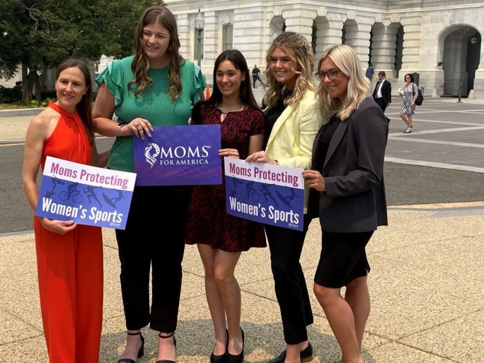 Female athletes speak at a press conference hosted by Moms for America calling on the U.S. Senate to pass the Protection of Women and Girls in Sports Act, in Washington, D.C., June 7, 2023. From left to right: cyclist Evie Edwards, former NCAA basketball player Kassidy Comer, skateboarder Taylor Silverman, NCAA volleyball player Macy Petty and NCAA Division I swimmer Abby Carr. 