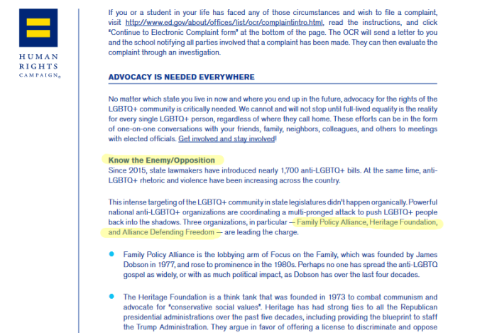A screenshot of a Human Rights Campaign report with the section labeled 'Know the Enemy/Opposition' and a list of conservative advocacy groups.