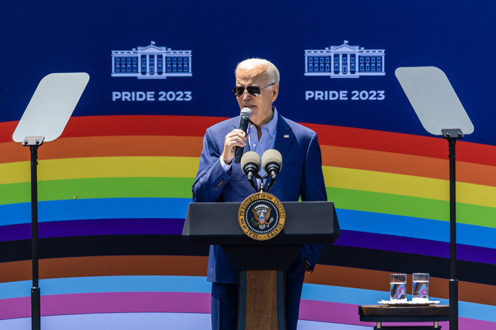 U.S. President Joe Biden speaks at the 'pride' month celebration on the South Lawn of the White House on June 10, 2023 in Washington, D.C. Thousands of people came to the White House to celebrate so-called LGBTQIAA++ pride month with a performance by singer Betty Who. 