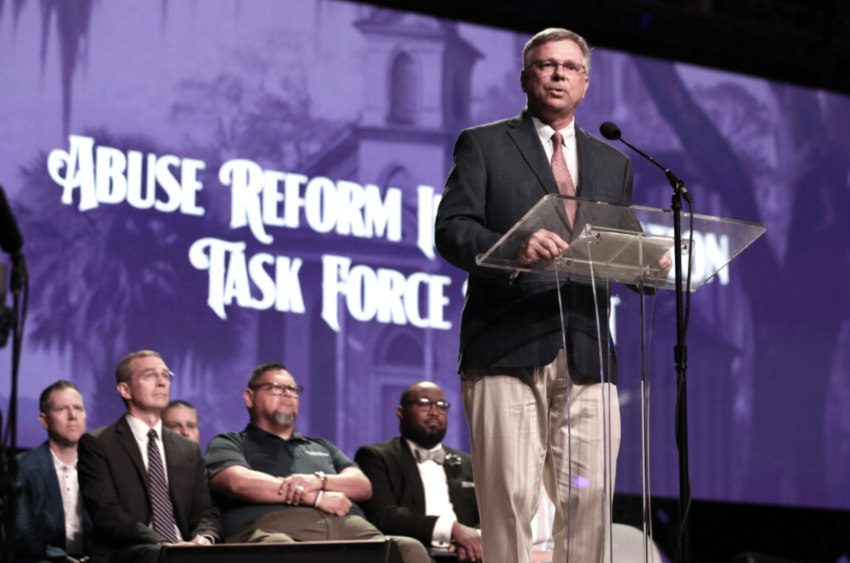 Marshall Blalock, chairman of the SBC Abuse Reform Implementation Task Force, speaks during the SBC Annual Meeting in New Orleans, Louisiana, on June 14, 2023.