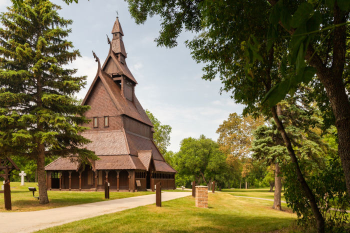 A full-scale replica of an early 12th century Norwegian wooden stave church at the Hjemkomst Center in Moorhead, Minnesota. 
