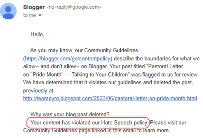 A blogger administrator email explains why Dan Phillips' pastoral letter was deleted, saying it violated Blogger's 'hate speech' policy.
