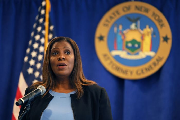 New York Attorney General Letitia James speaks during a press conference at the office of the Attorney General on July 13, 2022 in New York City. NY AG James announced today that her office has reached a settlement of $500,000 for more than a dozen current and former employees of the Sweet and Vicious, a bar in Manhattan, after a 16-month investigation into allegations of sexual harassment, discrimination and wage theft at the establishment. 