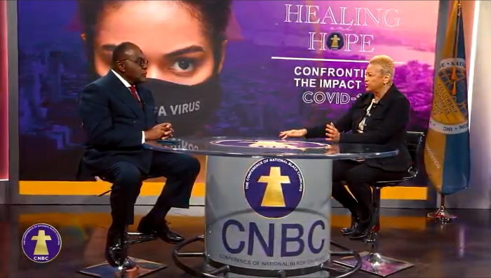 W. Franklyn Richardson (L), chairman of the board of trustees of the Conference of National Black Churches interviews the organization's president, Jacqueline L. Burton, for the 'Healing and Hope' talk show that airs on Impact TV on Tuesdays and Thursdays.