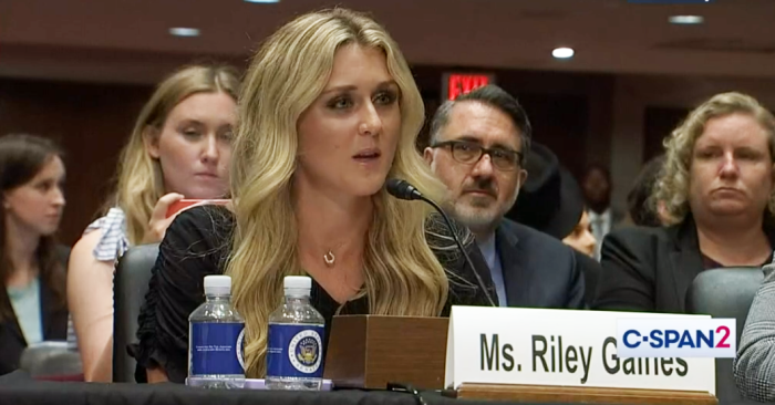 Former NCAA swimmer Riley Gaines countered the president of the Human Rights Campaign for denying the biological advantages of male athletes in a Senate Judiciary Committee hearing in Washington, D.C., on June 21, 2023.