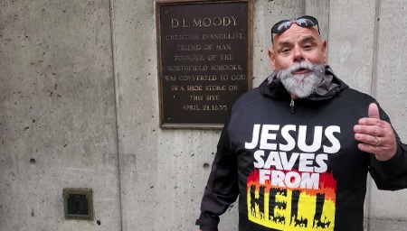 Street preacher Ruben Israel visits the D.L. Moody Shoe Store in Boston, Massachusetts, in a video posted to YouTube on May 2, 2023.