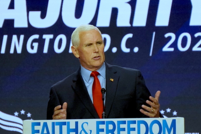 Former Vice President Mike Pence delivers a speech at the Faith & Freedom Coalition's Road to Majority conference on June 23, 2023.