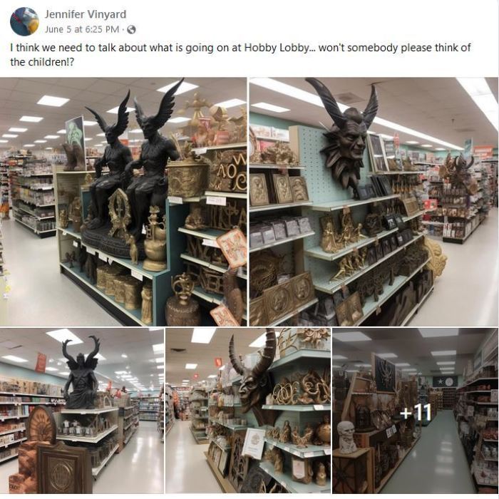 A screenshot of a Facebook group page showing AI-generated images of demonic merchandise at Hobby Lobby. 