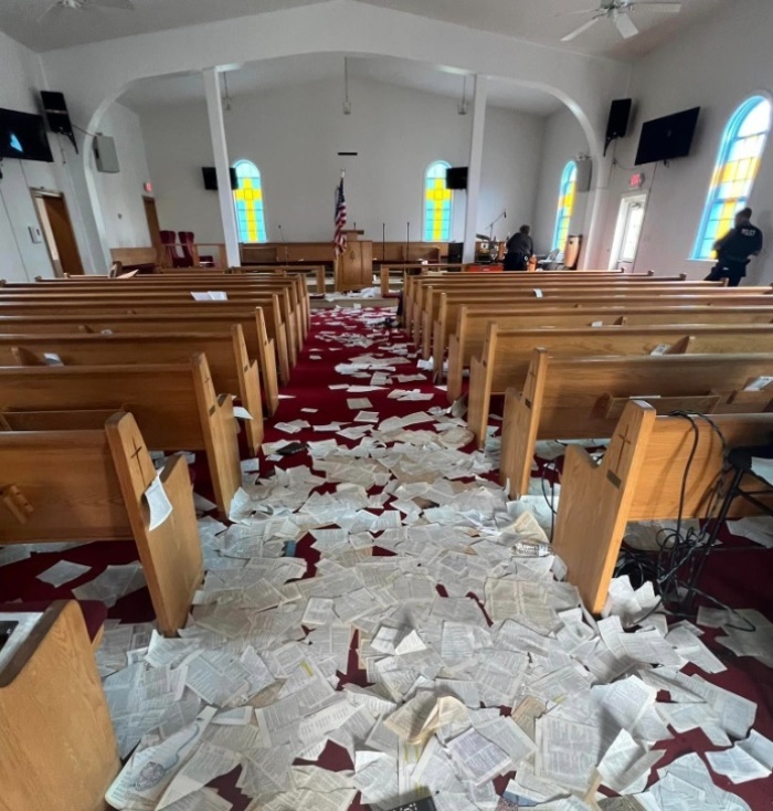 Authorities investigate the severe vandalism committed on June 8, 2023, at Fowler United Methodist Church of Annapolis, Maryland.