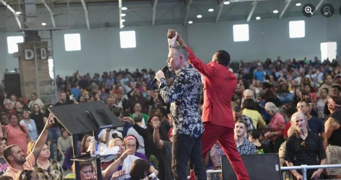 Greg Locke and Bible Davids at the Dallas Mass Revival on June 24 in Greenville, Texas. 