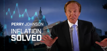 Republican presidential candidate Perry Johnson discusses his plan to cut the federal budget by 2% every year, which he believes would eliminate inflation, in a campaign video.