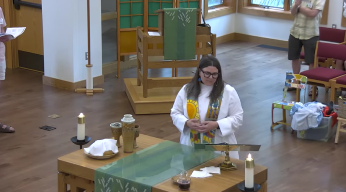 Anna Helgen, co-pastor of Edina Community Lutheran Church (ECLC), is seen during a Sunday service live stream.