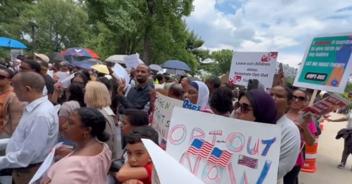Hundreds of demonstrators gather outside the Montgomery County Public Schools headquarters in Rockville, Maryland, on June 27, 2023. 