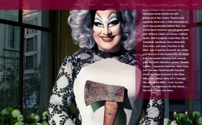 A screenshot of the website for drag performer 'Peaches Christ 666'.