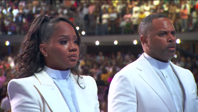 Televangelist T.D. Jakes' daughter Sarah Jakes Roberts (L) and her husband Touré Roberts (R) wept openly as they were installed as the first assistant pastors in the 27-year history of The Potter's House on Sunday, July 2, 2023.