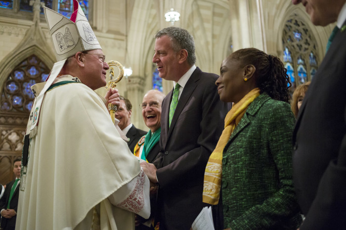 Former New York City Mayor Bill de Blasio and his wife, Chirlane McCray, attend St. Patrick's Day Mass at St. Patrick's Cathedral, Manhattan, on Thursday, March 17, 2016.