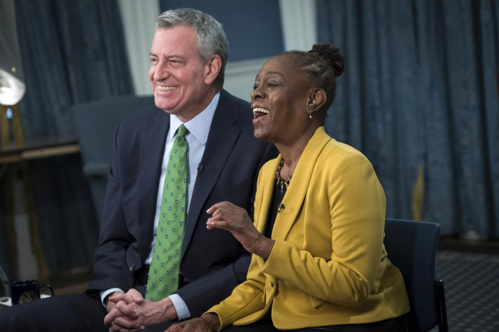 Former New York City Mayor Bill de Blasio and his wife, Chirlane McCray hold an interfaith dialogue on the COVID-19 vaccine on Tuesday, January 26, 2021.