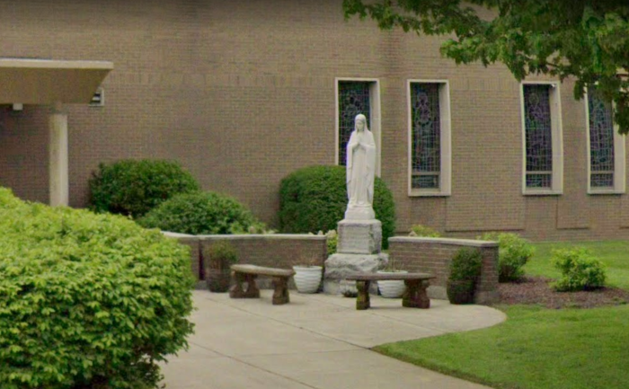 The statue of the Virgin Mary that was targeted at the St. Rose of Lima Church at 500 Parker Avenue in Buffalo, N.Y.