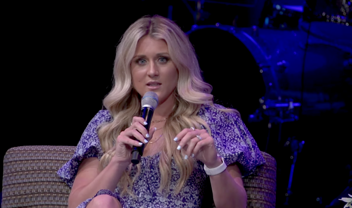 Riley Gaines speaks about her recent spiritual awakening during an event at Cornerstone Chapel in Leesburg, Virginia, on July 9, 2023. 