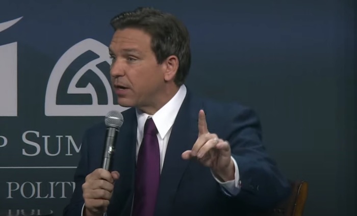 Republican Florida Gov. Ron DeSantis speaking at the Family Leadership Summit in Des Moines, Iowa, on Friday, July 14, 2023.