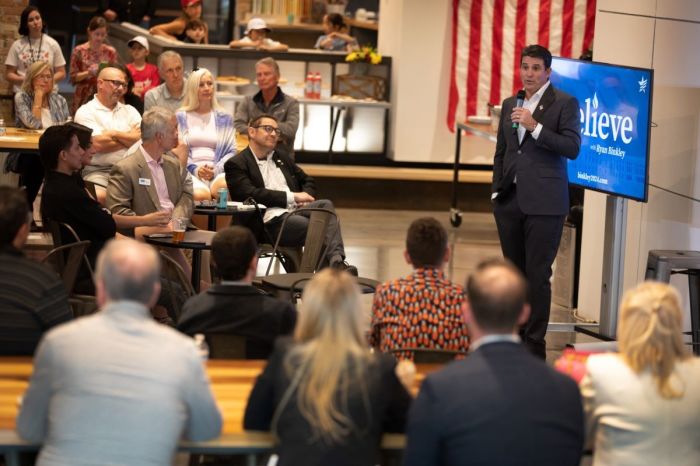 Presidential hopeful Ryan Binkley speaks during a town hall in Aurora, Illinois on May 10, 2023. 