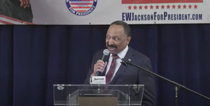 Bishop E.W. Jackson, a former candidate for lieutenant governor of Virginia and the founder of The Called Church in Chesapeake, Virginia, announces his candidacy for President of the United States in a July 14, 2023 speech. 