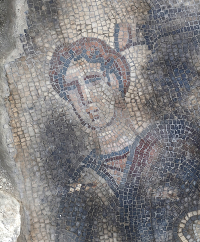 A depiction of a dead Philistine soldier within a large mosaic of Samson carrying the gate of Gaza rests inside an ancient synagogue in the Israeli village of Huqoq. The mosiac was uncovered during an archeological dig led by Prof. Jodi Magness from the University of North Carolina at Chapel Hill.