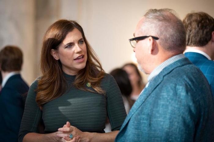 Rep. Nancy Mace, R-S.C.,(L) speaks with her pastor, Greg Surratt, at the 13th Annual South Carolina Prayer Breakfast held in Washington DC on July 26, 2023.