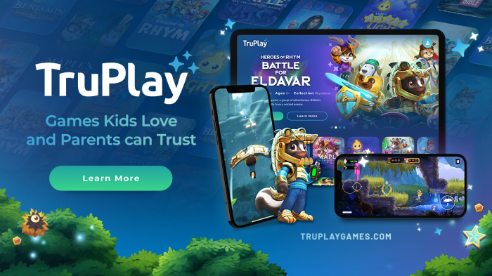 A promotion photo of TruPlay, a Christian entertainment platform containing video games, comics and video content that features stories about God and the Bible.