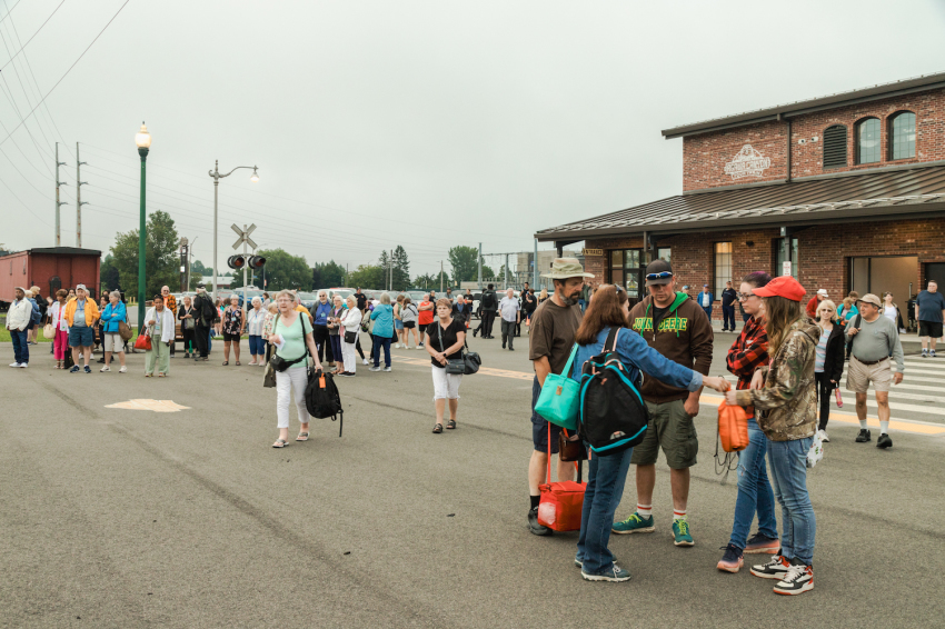 Passengers wait to board the Agawa Canyon Tour Train in Sault Ste. Marie, Ontario.