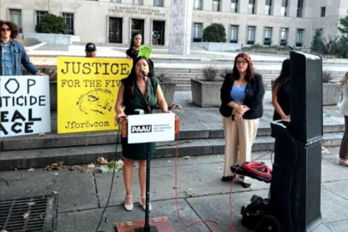 Terrisa Bukovinac, founder of Progressive Anti-Abortion Uprising and Pro-Life San Francisco, speaks during a press conference outside the Elijah Barrett Prettyman U.S. Courthouse in Washington, D.C., August 9, 2023.