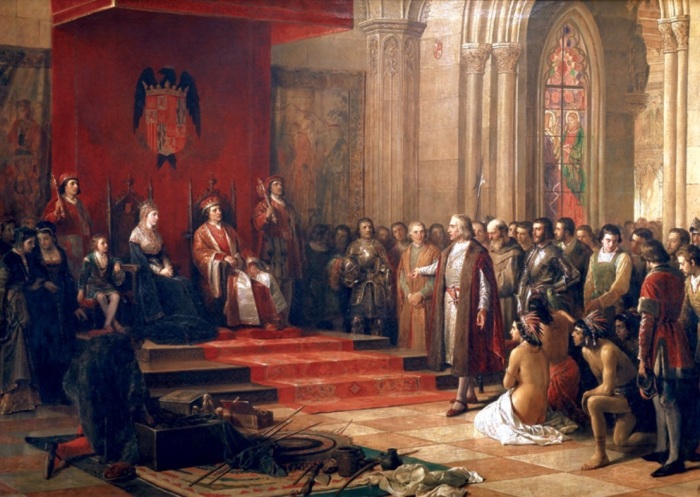 A 19th century depiction of the return of Christopher Columbus to the court of the Spanish Empire in 1493. 