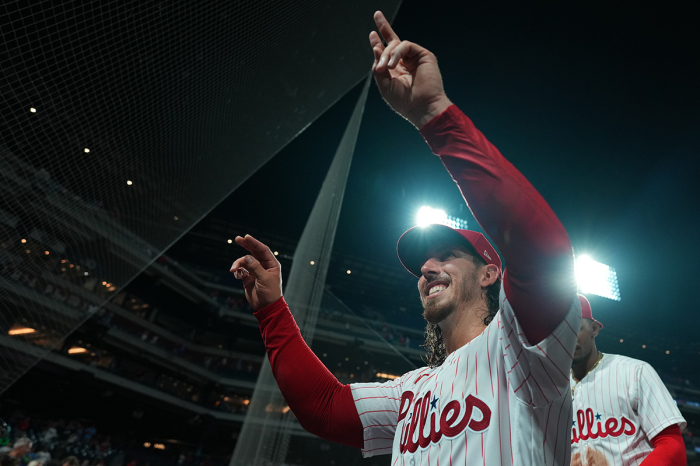 Michael Lorenzen #22 of the Philadelphia Phillies salutes the crowd after throwing a no-hitter against the Washington Nationals at Citizens Bank Park on August 9, 2023, in Philadelphia, Pennsylvania. The Phillies defeated the Nationals 7-0.