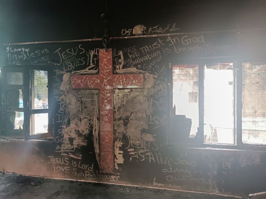 Charred building of Salvation Army Church burned on Aug. 16, 2023 in Jaranwala, Pakistan.