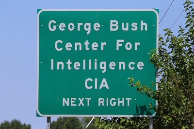 A road sign pointing the way to the CIA Headquarters complex. The George Bush Center for Intelligence is the headquarters of the Central Intelligence Agency in Langley, Virginia, July 19, 2017: 