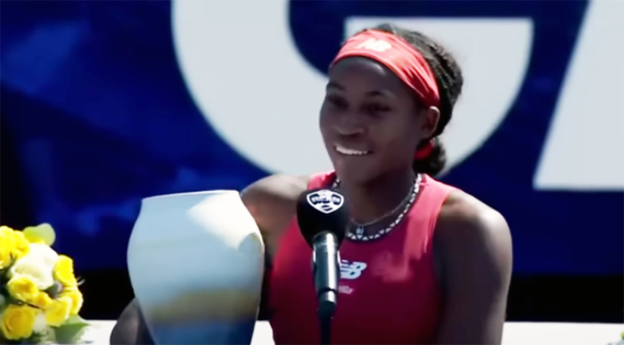 Tennis player Coco Gauff speaks following her victory at the Western & Southern Open in Cincinnati, Ohio, August 20, 2023. 