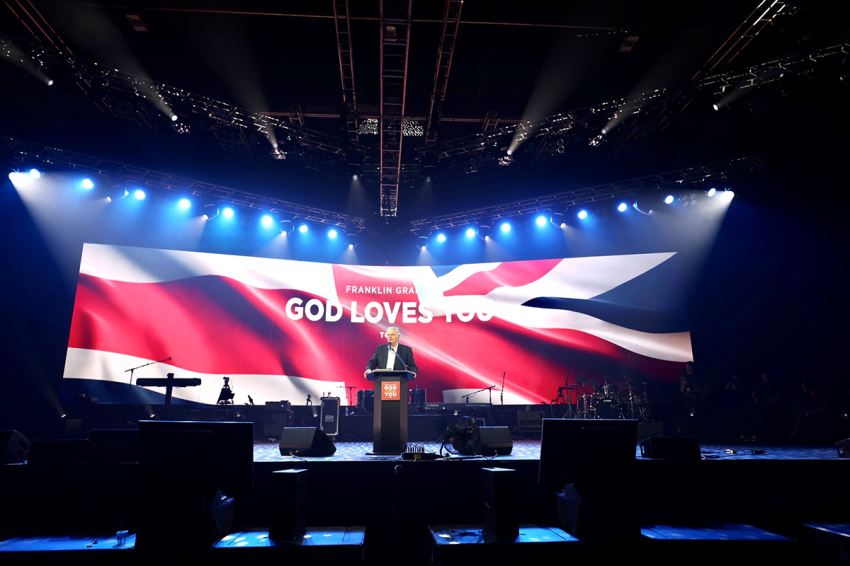 The Rev. Franklin Graham speaks at the "God Loves You Tour" event at the ExCel London convention center in London, England, on Aug. 26, 2023.