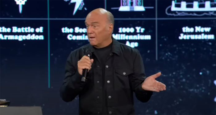Pastor Greg Laurie preaches at Harvest Bible Fellowship in Riverside, California, on August 20, 2023. 