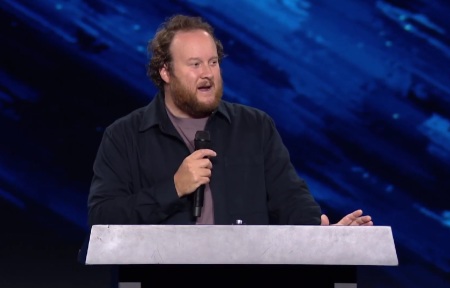 Pastor Jonathan Laurie, son of Harvest Christian Fellowship Senior Pastor Greg Laurie, preaches about Jesus' 1,000-year reign on August 27, 2023.