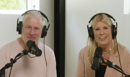 Pastor Louie Giglio of Passion City Church in Atlanta, Georgia, and his wife, Shelley, who celebrated 40 years together, speak on a podcast with Sadie Robertson Huff on Aug. 23, 2023.