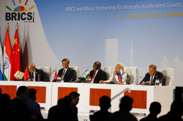 (From L to R) President of Brazil Luiz Inacio Lula da Silva, President of China Xi Jinping, South African President Cyril Ramaphosa, Prime Minister of India Narendra Modi and Russia's Foreign Minister Sergei Lavrov attend the 2023 BRICS Summit at the Sandton Convention Centre in Johannesburg on August 24, 2023. 