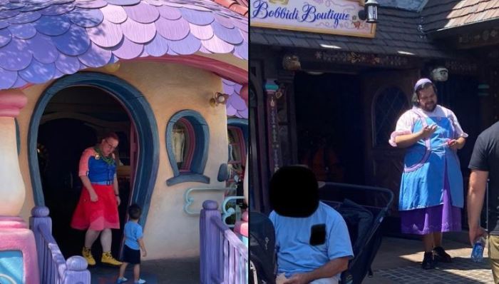 This screenshot of images from X account Libs Of TikTok shows two male Disney employees wearing women's clothing. 